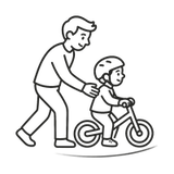 Parent-guided toddler bike icon showing a child learning to ride independently
