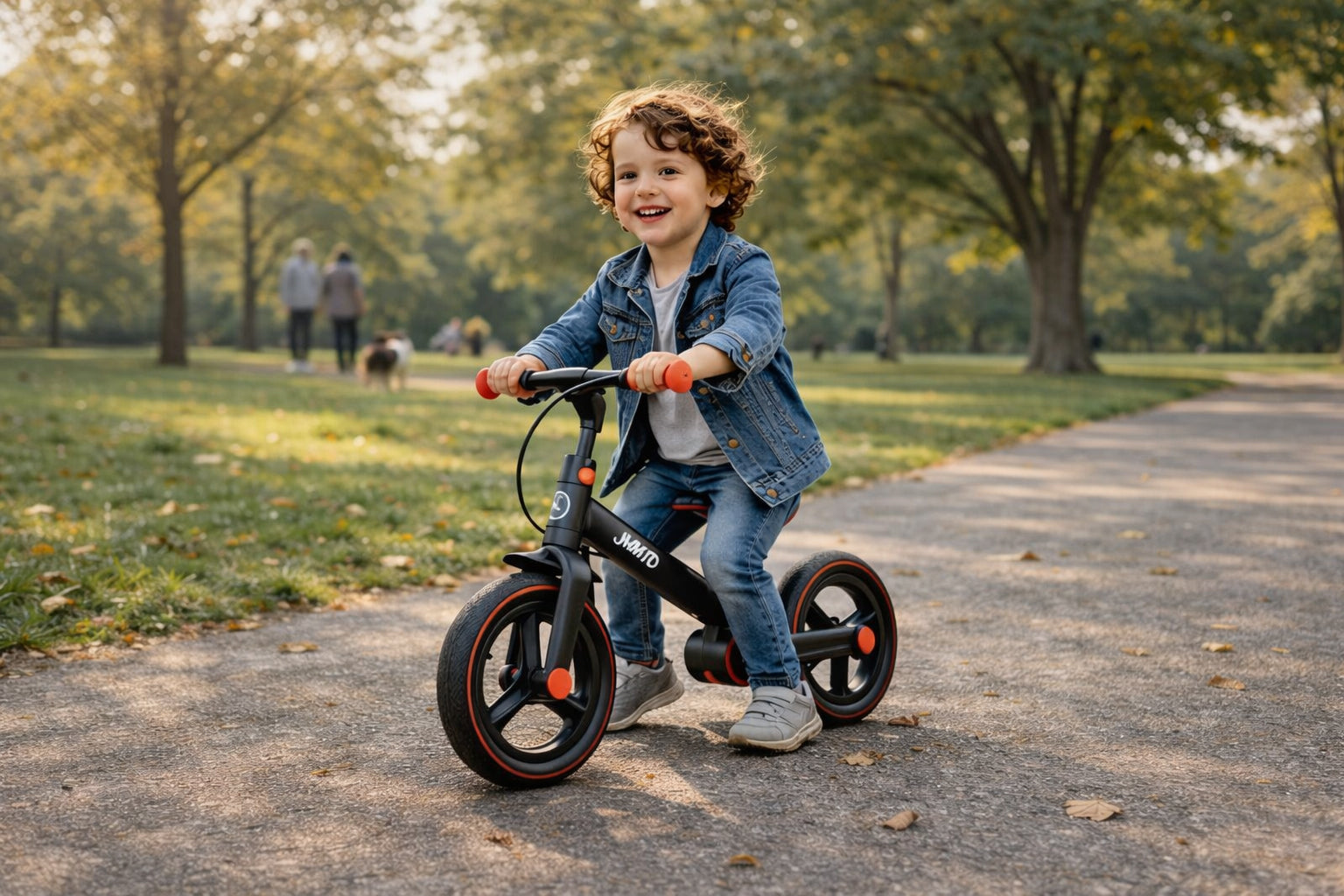 Child riding JMMD balance bike in a sunny park, showcasing fun, freedom, and outdoor lifestyle
