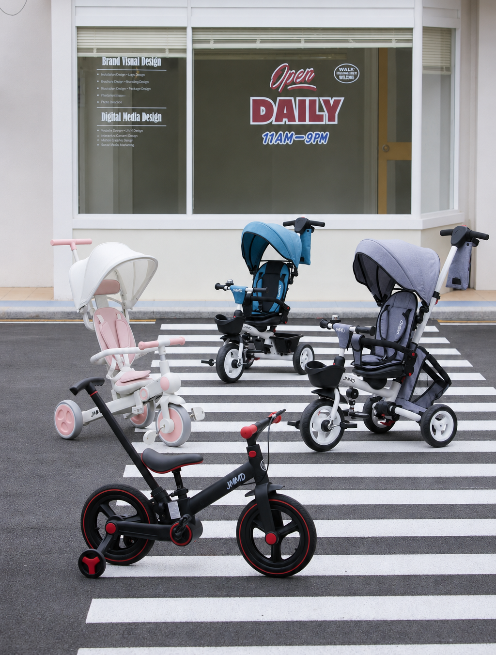 Child using a JMMD ride with family supervision