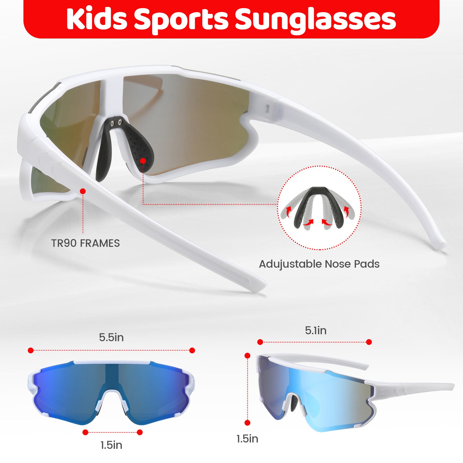 #color_black JMMD Kids Sports Helmet Set in Black showing kids sports sunglasses with TR90 frame, adjustable nose pads, and size details