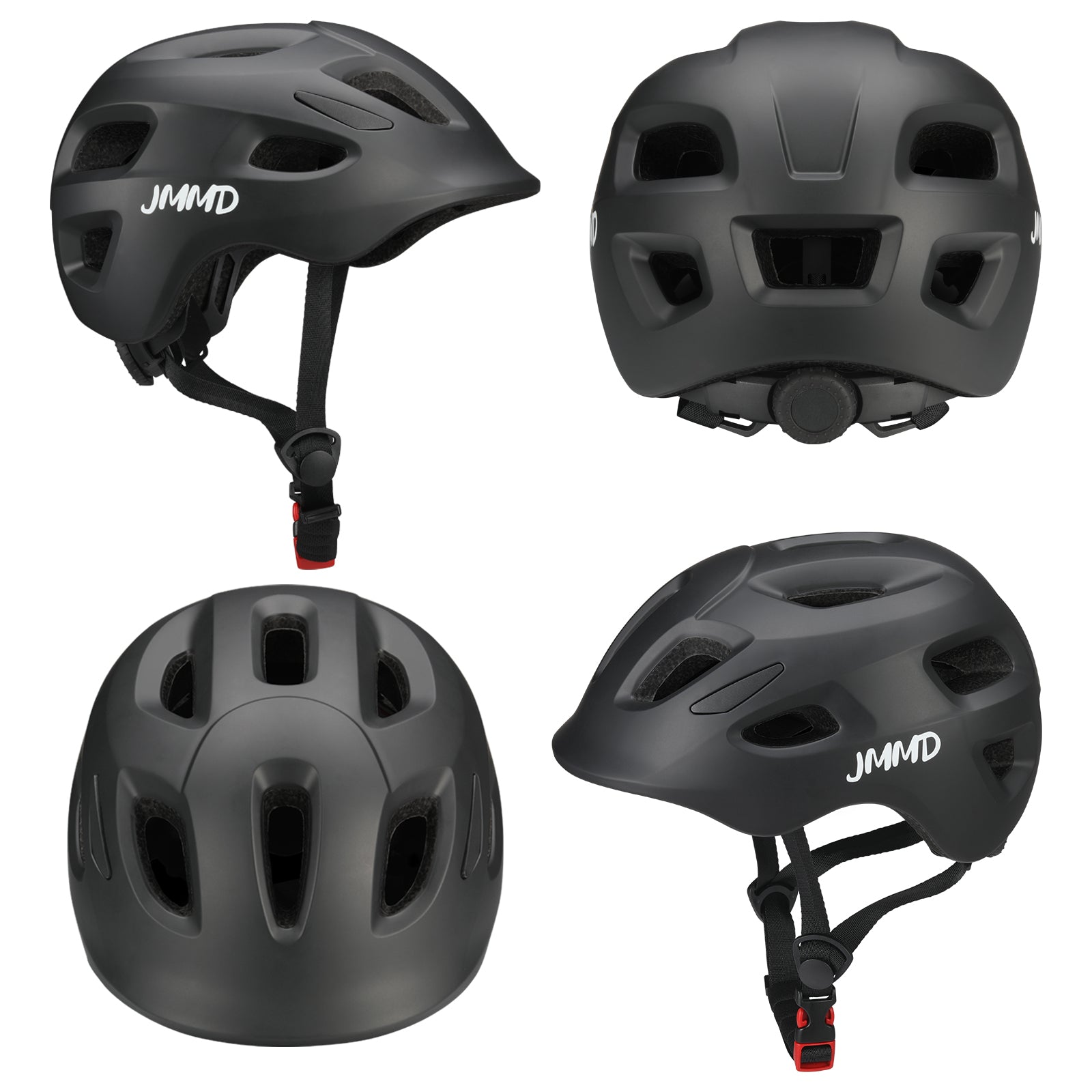 #color_black JMMD Kids Sports Helmet Set in Black showing multiple helmet angles including side, back, top, and front views