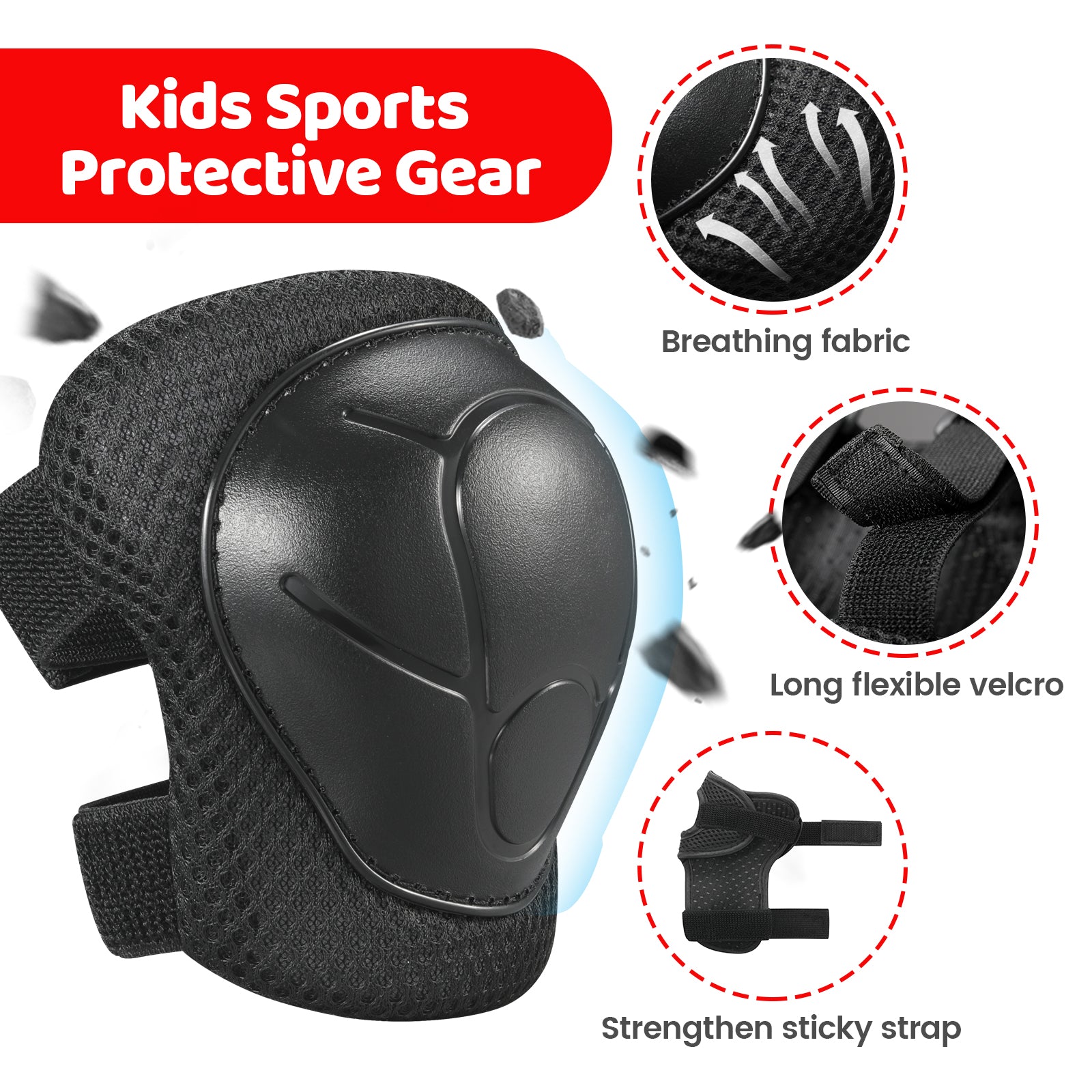#color_black JMMD Kids Sports Helmet Set in Black showing protective gear with breathable fabric, long flexible velcro, and strengthened sticky straps