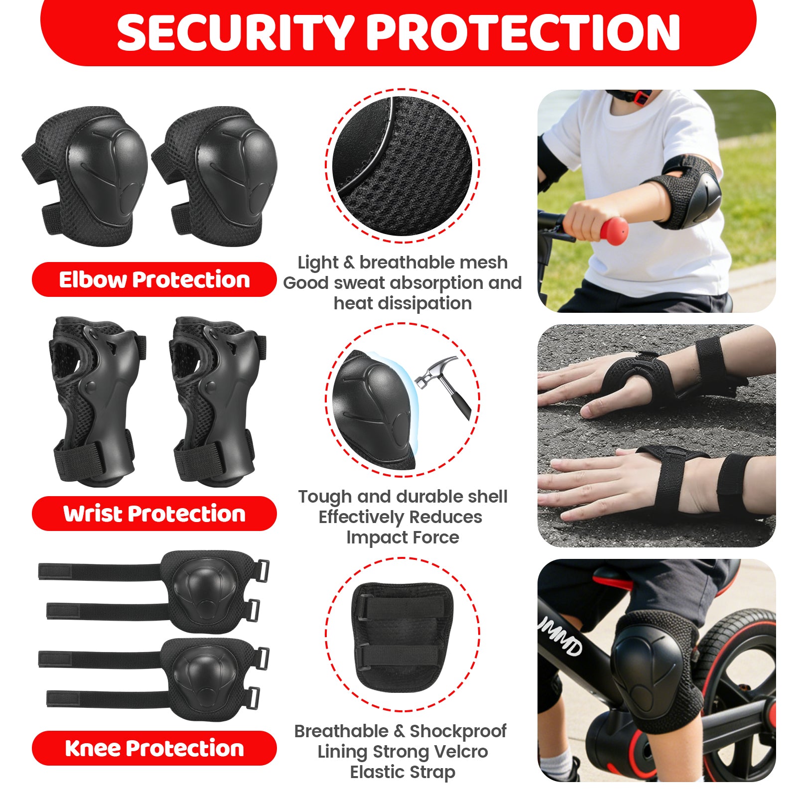 #color_black JMMD Kids Sports Helmet Set in Black showing elbow protection, wrist protection, knee protection, breathable mesh, durable shell, and shockproof lining