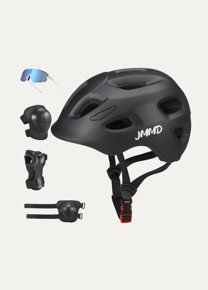 JMMD Kids Sports Helmet Set cover image showing kids sports helmet, sunglasses, elbow pads, knee pads, and wrist guards.