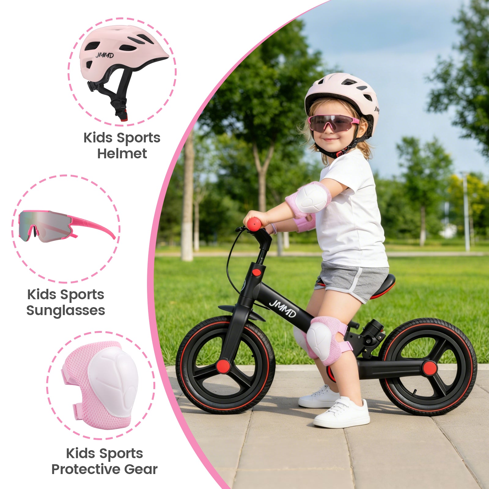 #color_pink JMMD Kids Sports Helmet Set in Pink shown in an outdoor riding scene with a child wearing helmet, sunglasses, and protective gear
