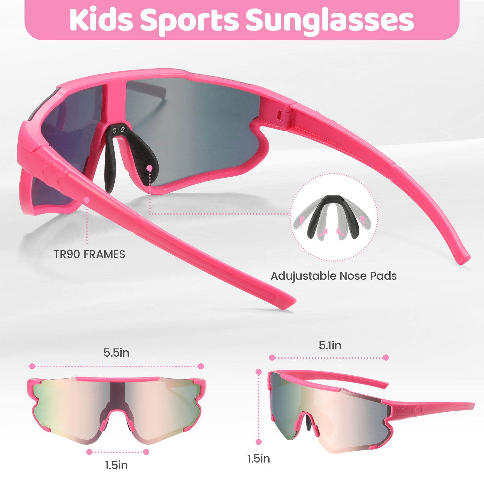 #color_pink JMMD Kids Sports Helmet Set in Pink showing kids sports sunglasses with TR90 frame, adjustable nose pads, and size details