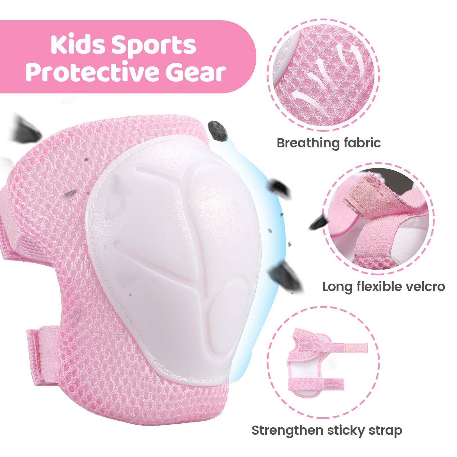 #color_pink JMMD Kids Sports Helmet Set in Pink showing protective gear with breathable fabric, long flexible velcro, and strengthened sticky straps