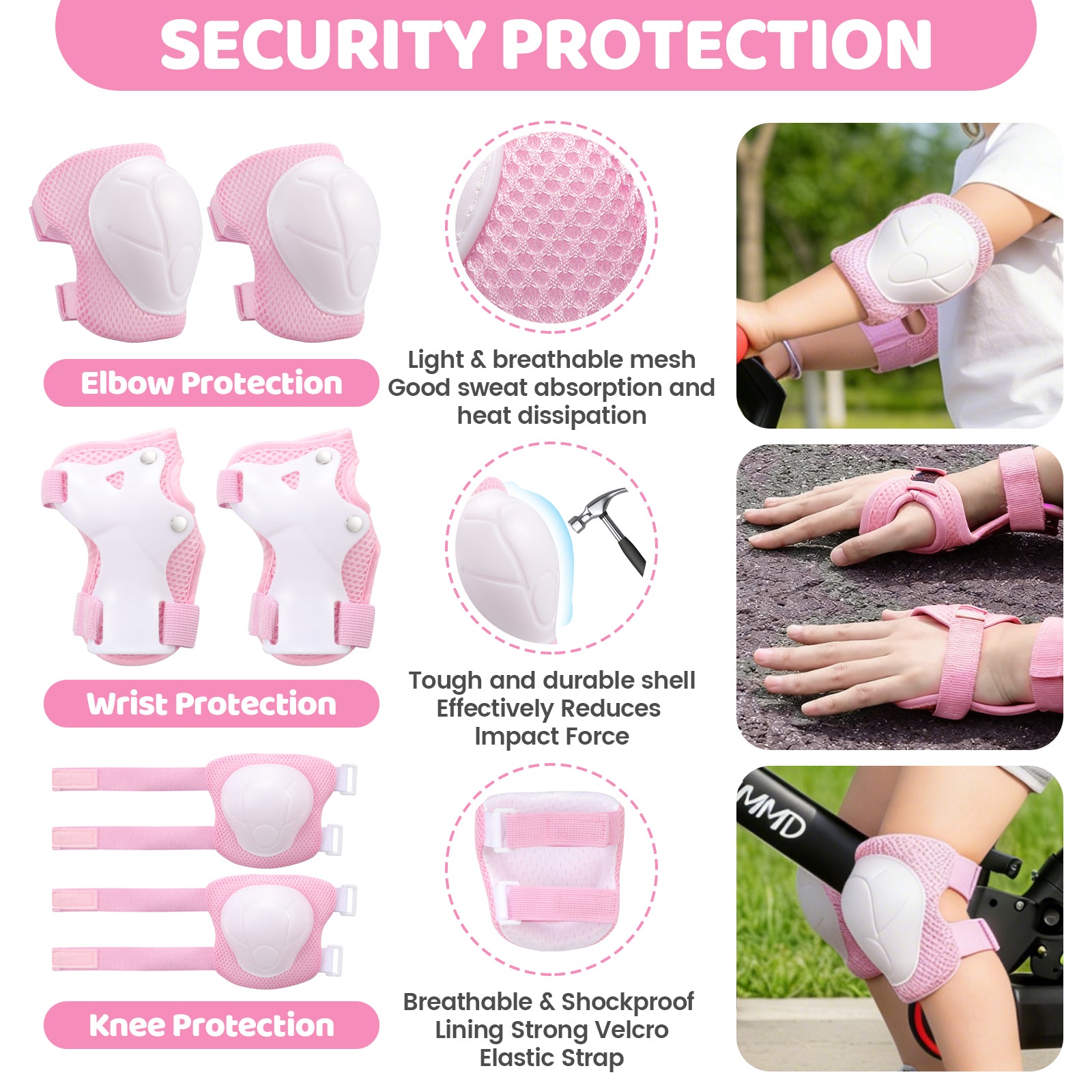 #color_pink JMMD Kids Sports Helmet Set in Pink showing elbow protection, wrist protection, knee protection, breathable mesh, durable shell, and shockproof lining