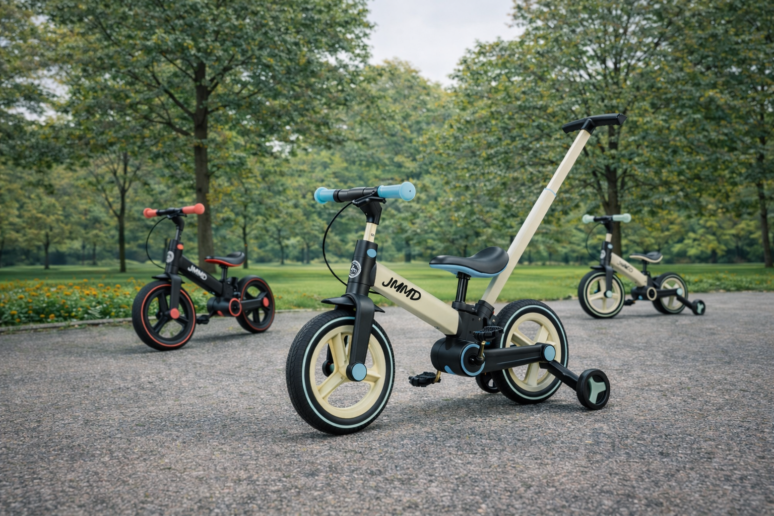 JMMD kids tricycles displayed outdoors in a park, highlighting brand design, versatility, and lifestyle
