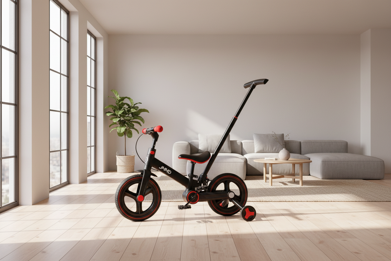 JMMD toddler tricycle with parent push handle in indoor setting for easy control