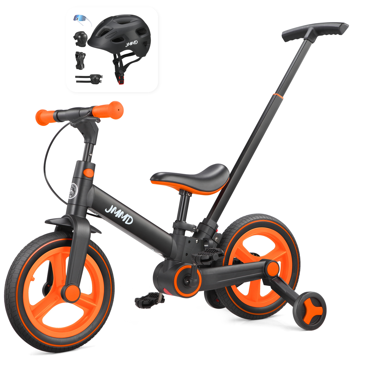 JMMD S900 Black and Bright Orange bike with black helmet and protective pads bundle