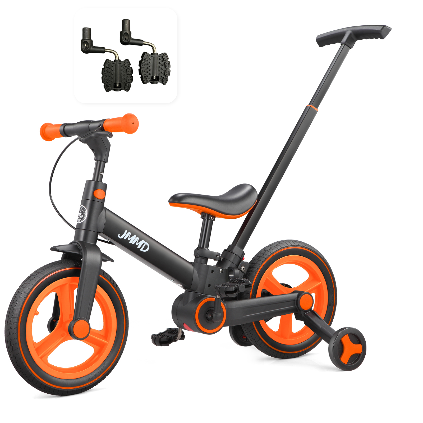 #color_black-bright-orange JMMD S900 6-in-1 toddler bike in black and bright orange shown with a pedal set
