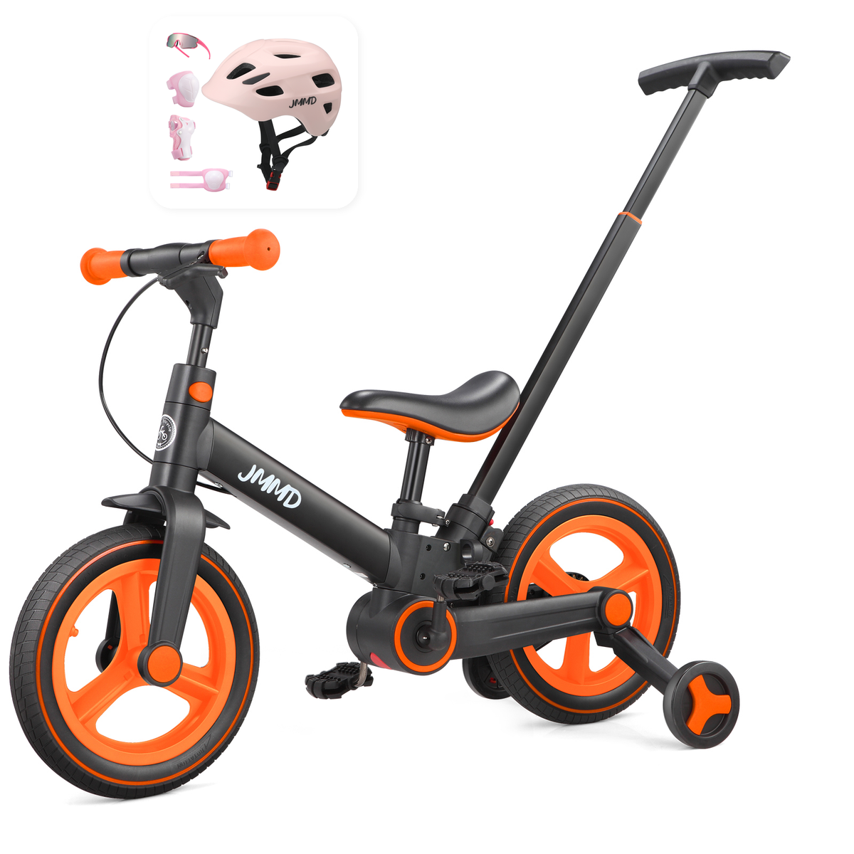 JMMD S900 Black and Bright Orange bike with pink helmet and protective pads bundle
