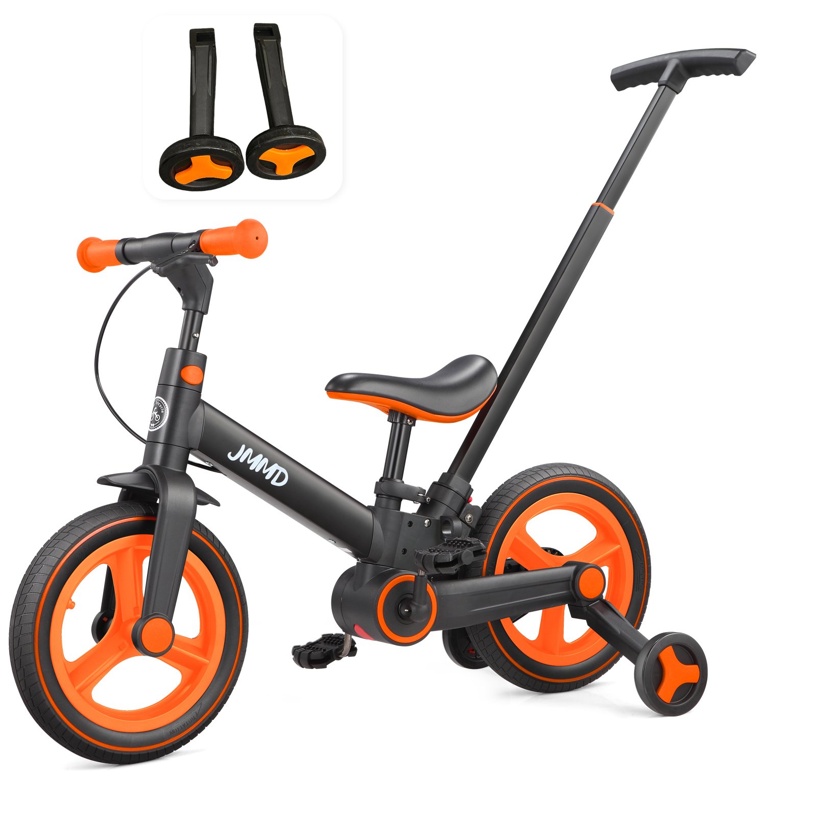 #color_black-bright-orange JMMD S900 6-in-1 toddler bike in black and bright orange with matching training wheels