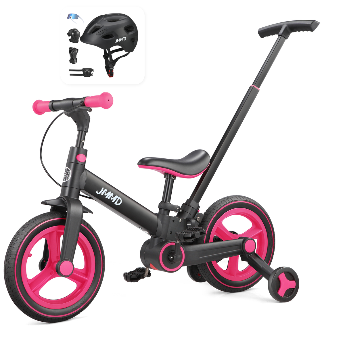JMMD S900 Black and Neon Pink bike with black helmet and protective pads bundle