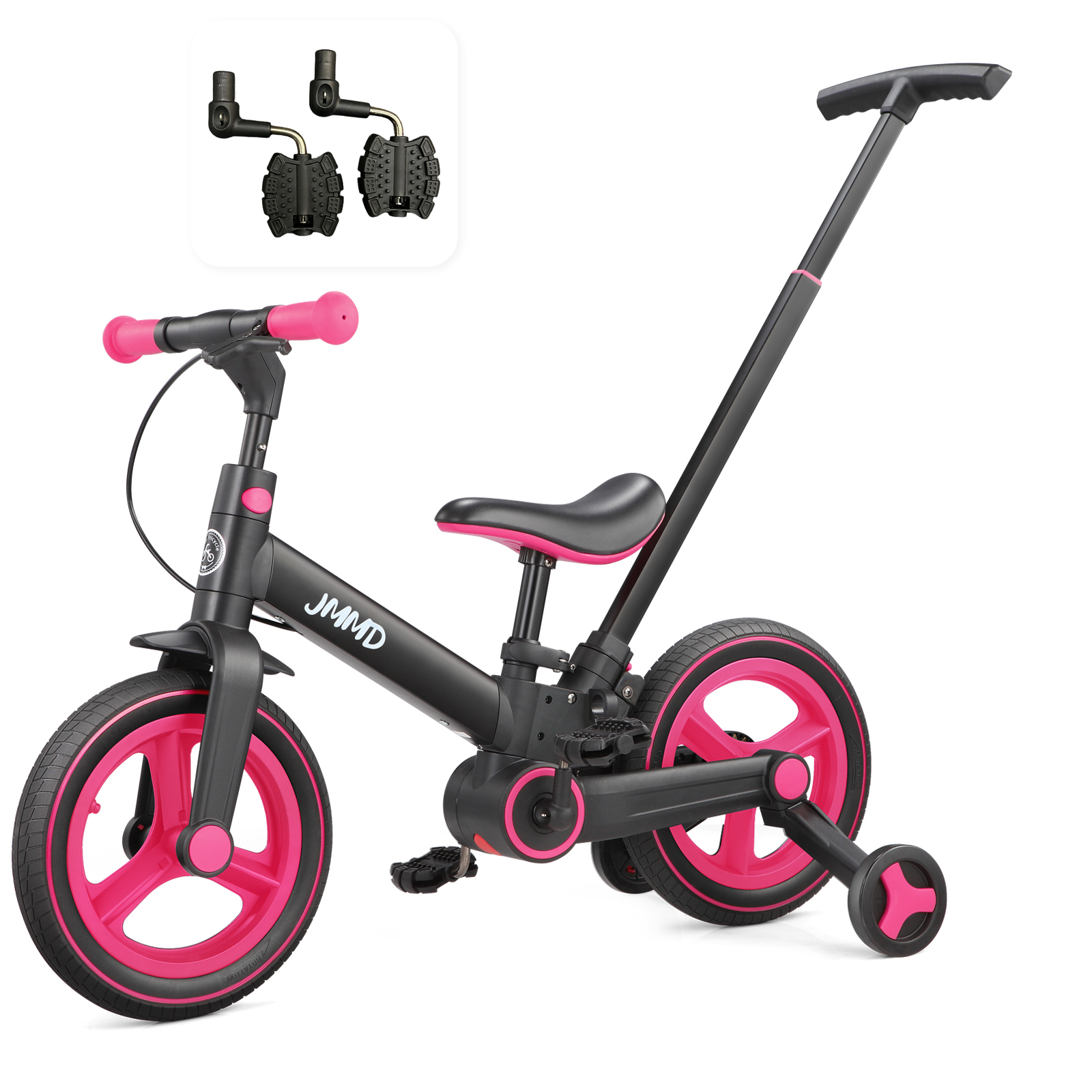 #color_black-neon-pink JMMD S900 6-in-1 toddler bike in black and neon pink shown with a pedal set