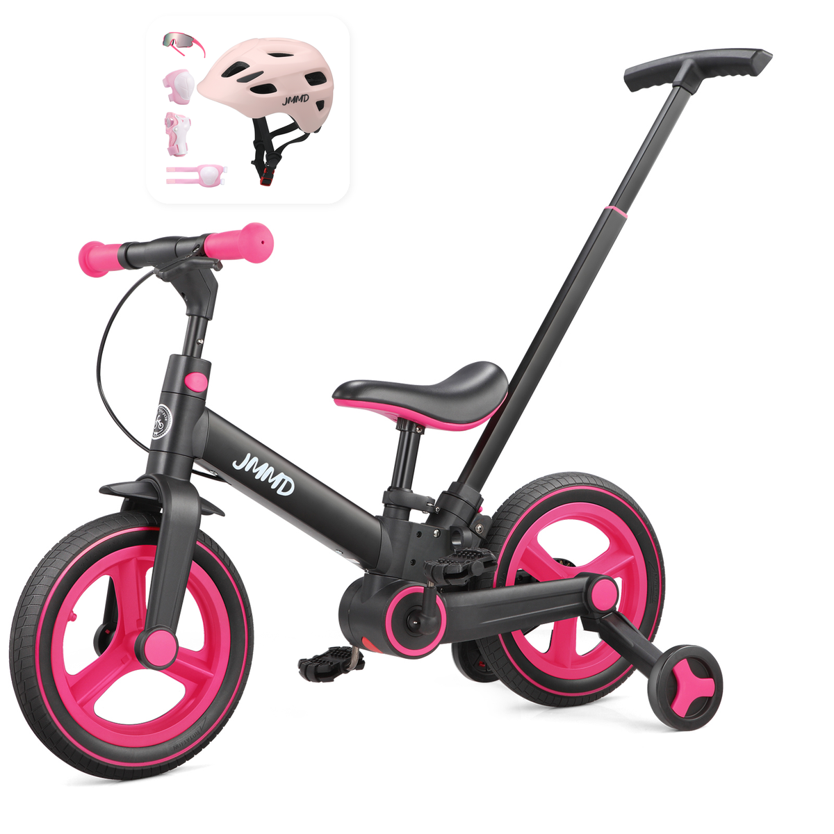 JMMD S900 Black and Neon Pink bike with pink helmet and protective pads bundle