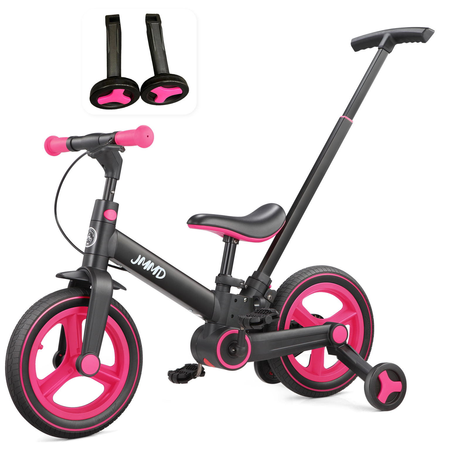 #color_black-neon-pink JMMD S900 6-in-1 toddler bike in black and neon pink with matching training wheels