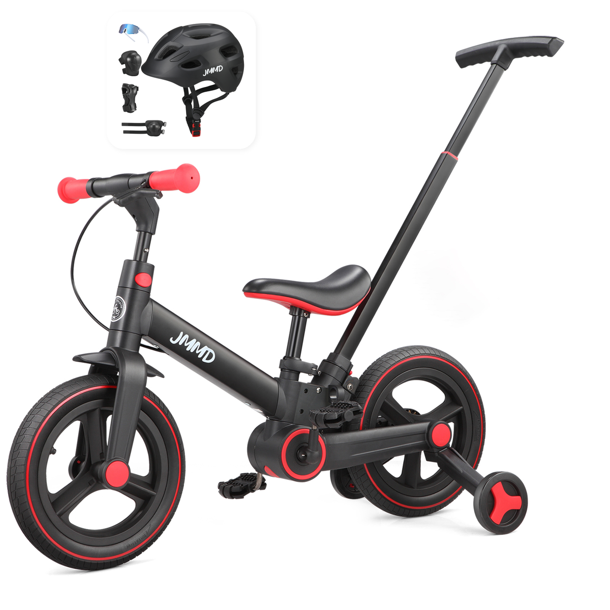 JMMD S900 Black and Red bike with black helmet and protective pads bundle