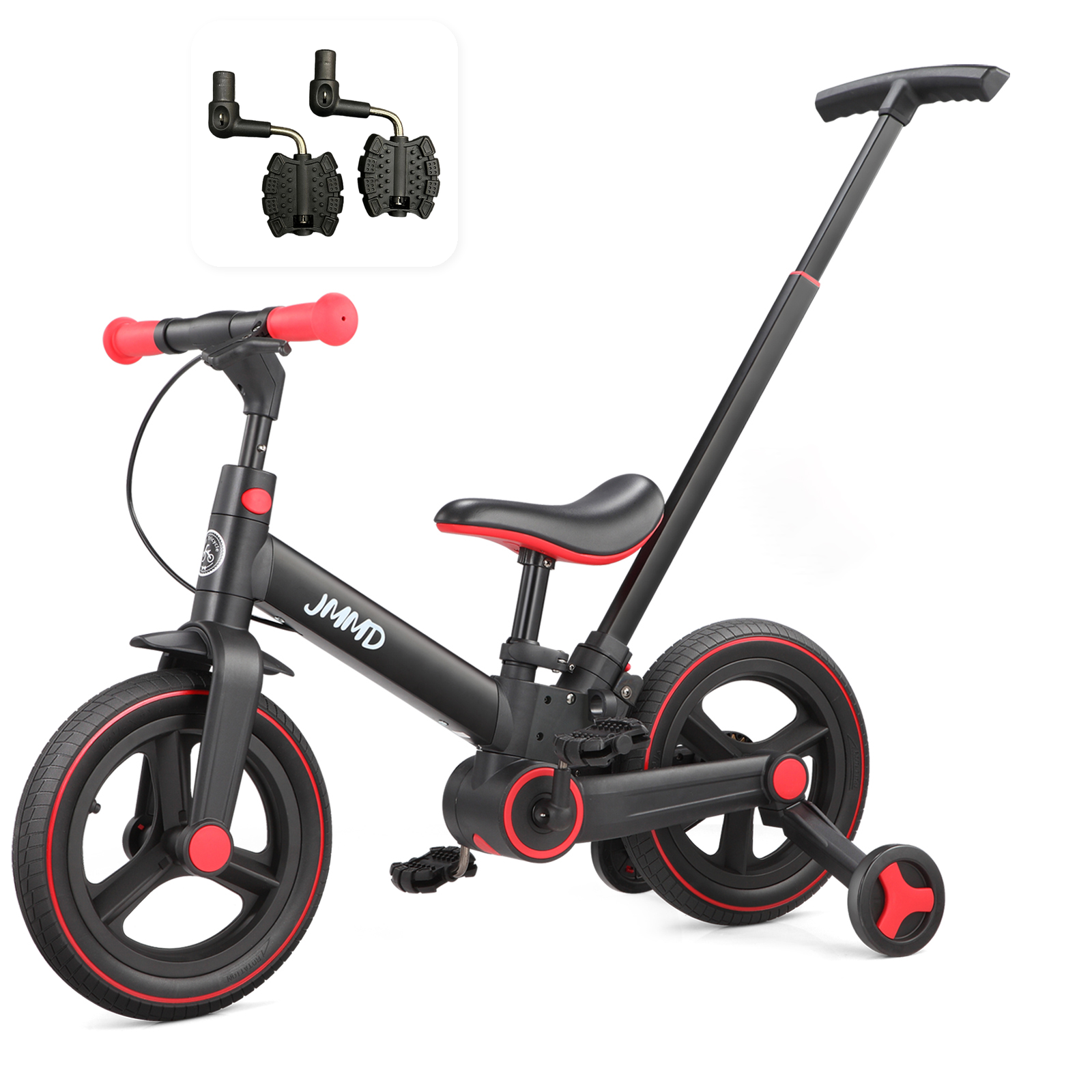 #color_black-red JMMD S900 6-in-1 toddler bike in black and red shown with a pedal set