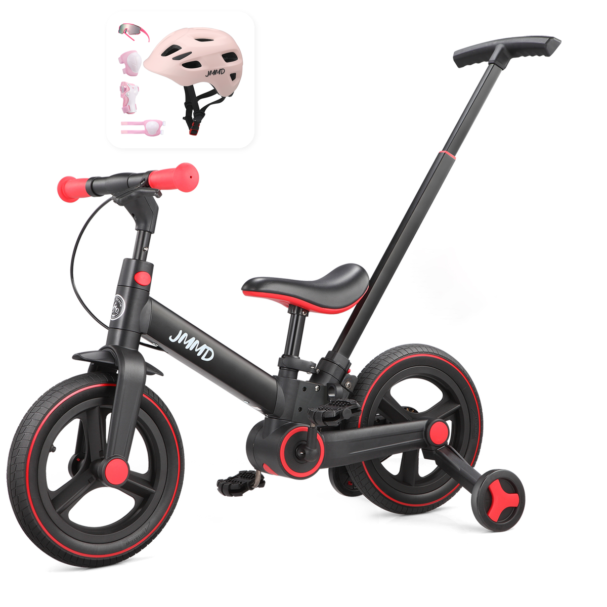 JMMD S900 Black and Red bike with pink helmet and protective pads bundle