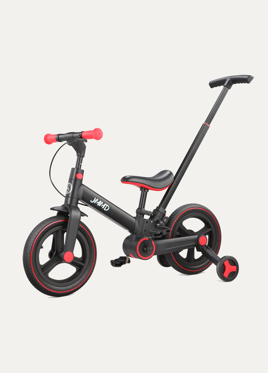 JMMD S900 6-in-1 toddler bike with push handle in black and red, suitable for ages 18 months to 5 years