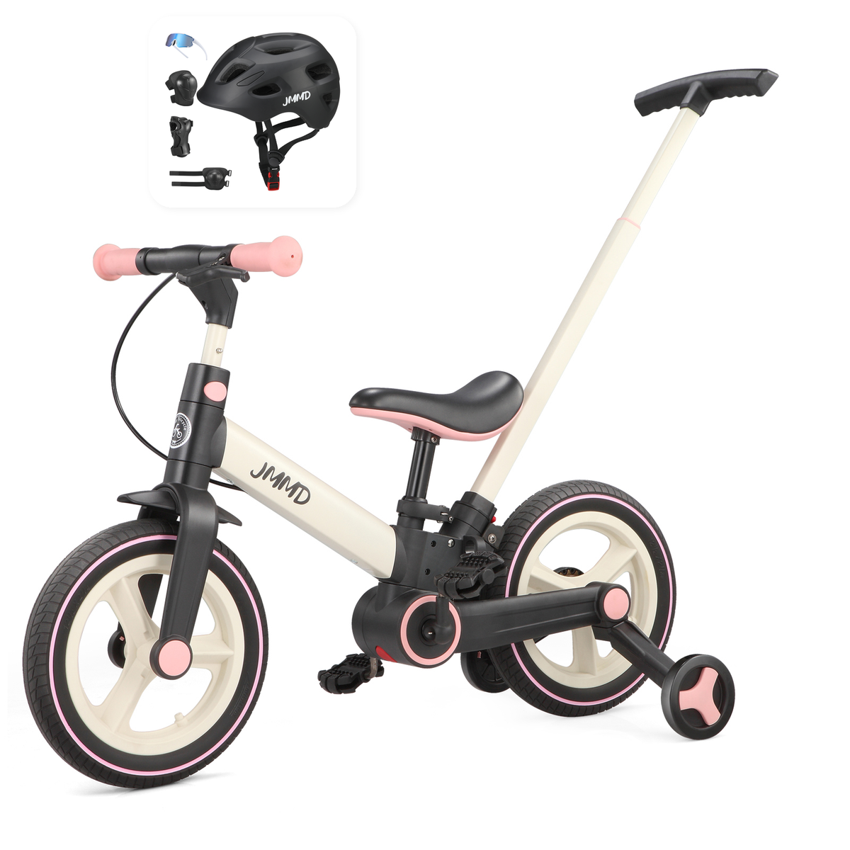 JMMD S900 Cream and Light Pink bike with black helmet and protective pads bundle