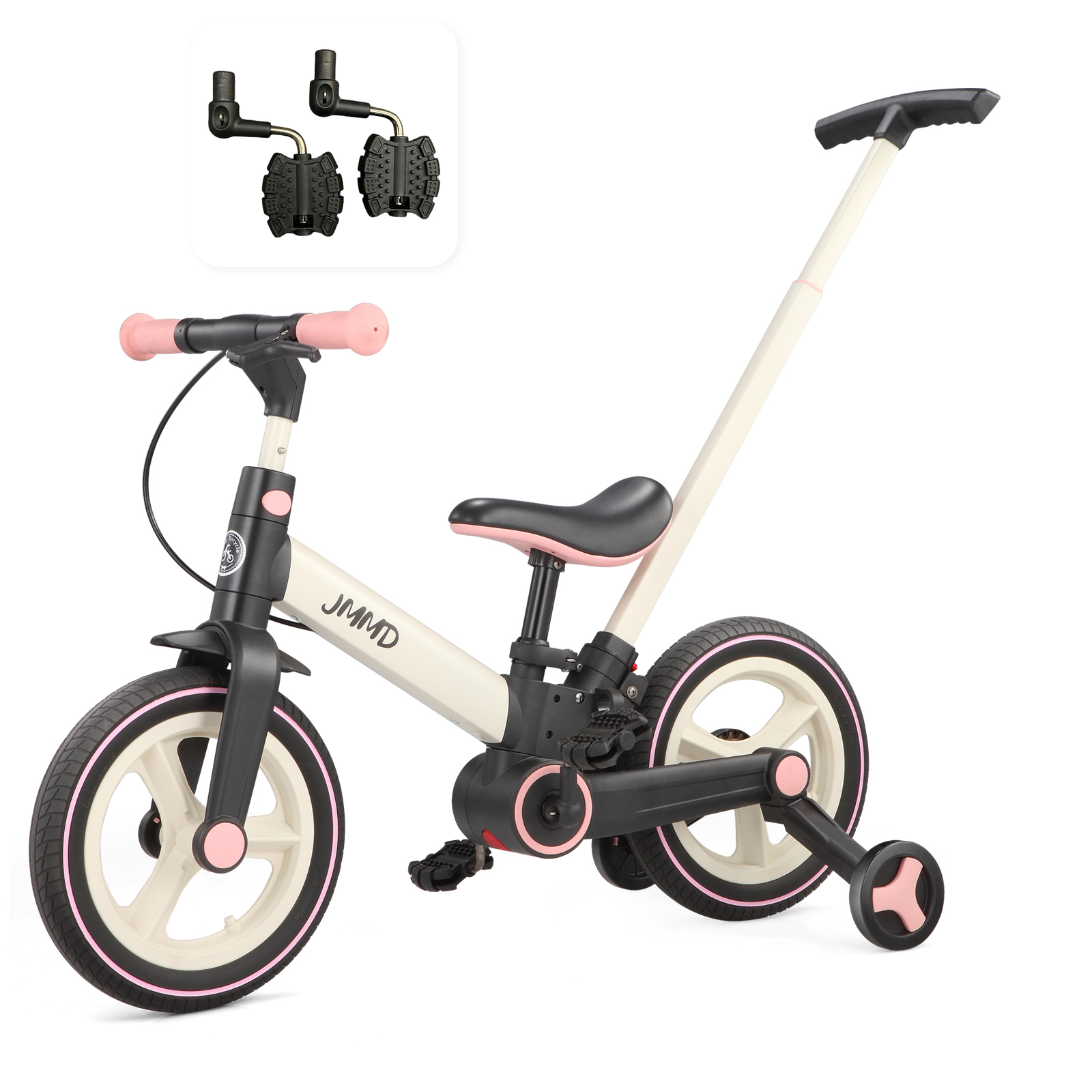 #color_cream-light-pink JMMD S900 6-in-1 toddler bike in cream and light pink shown with a pedal set
