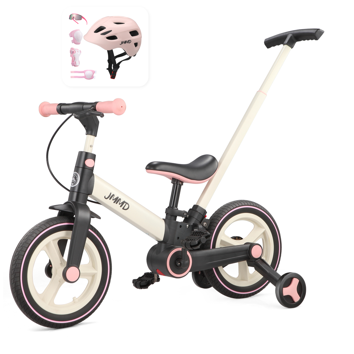 JMMD S900 Cream and Light Pink bike with pink helmet and protective pads bundle