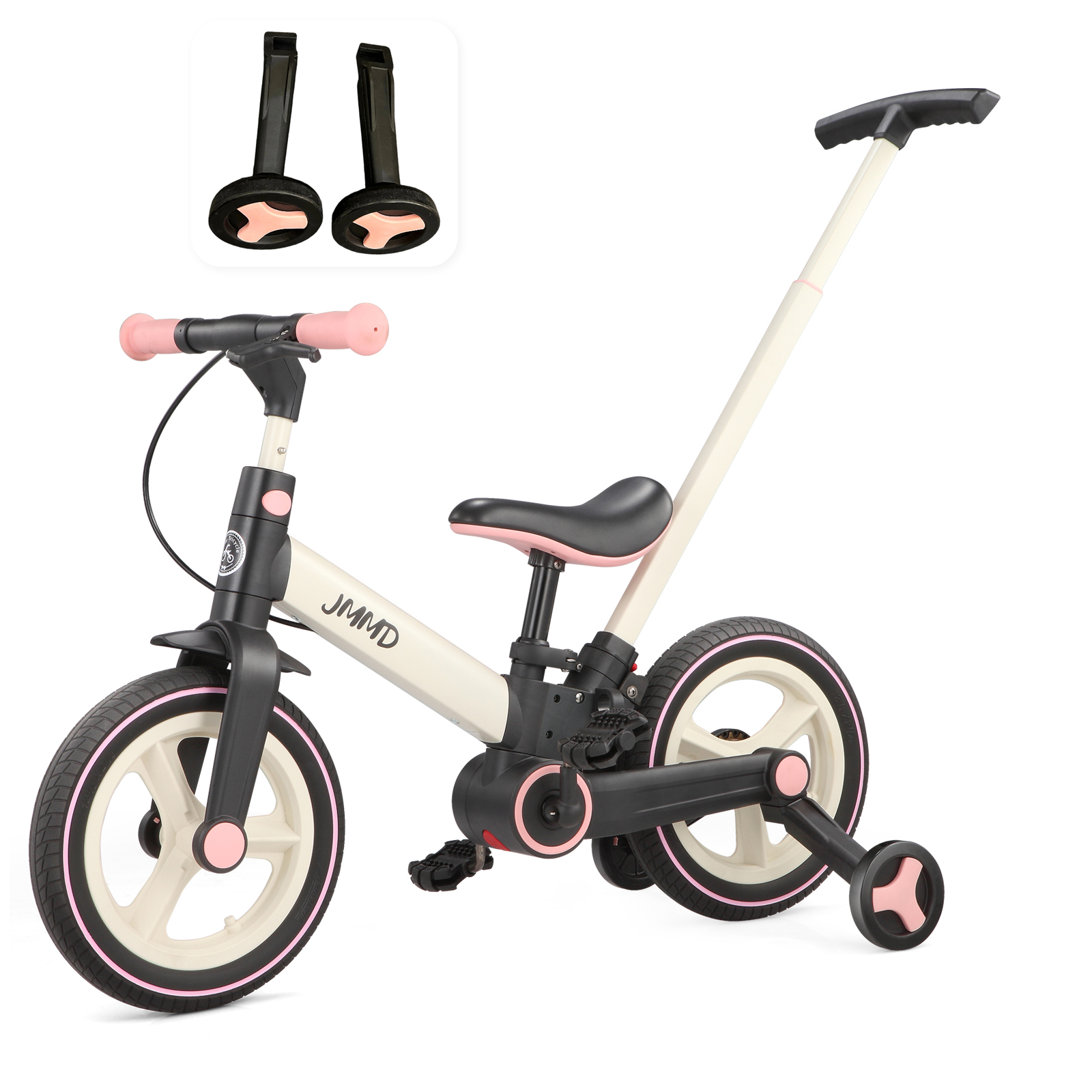 #color_cream-light-pink JMMD S900 6-in-1 toddler bike in cream and light pink with matching training wheels