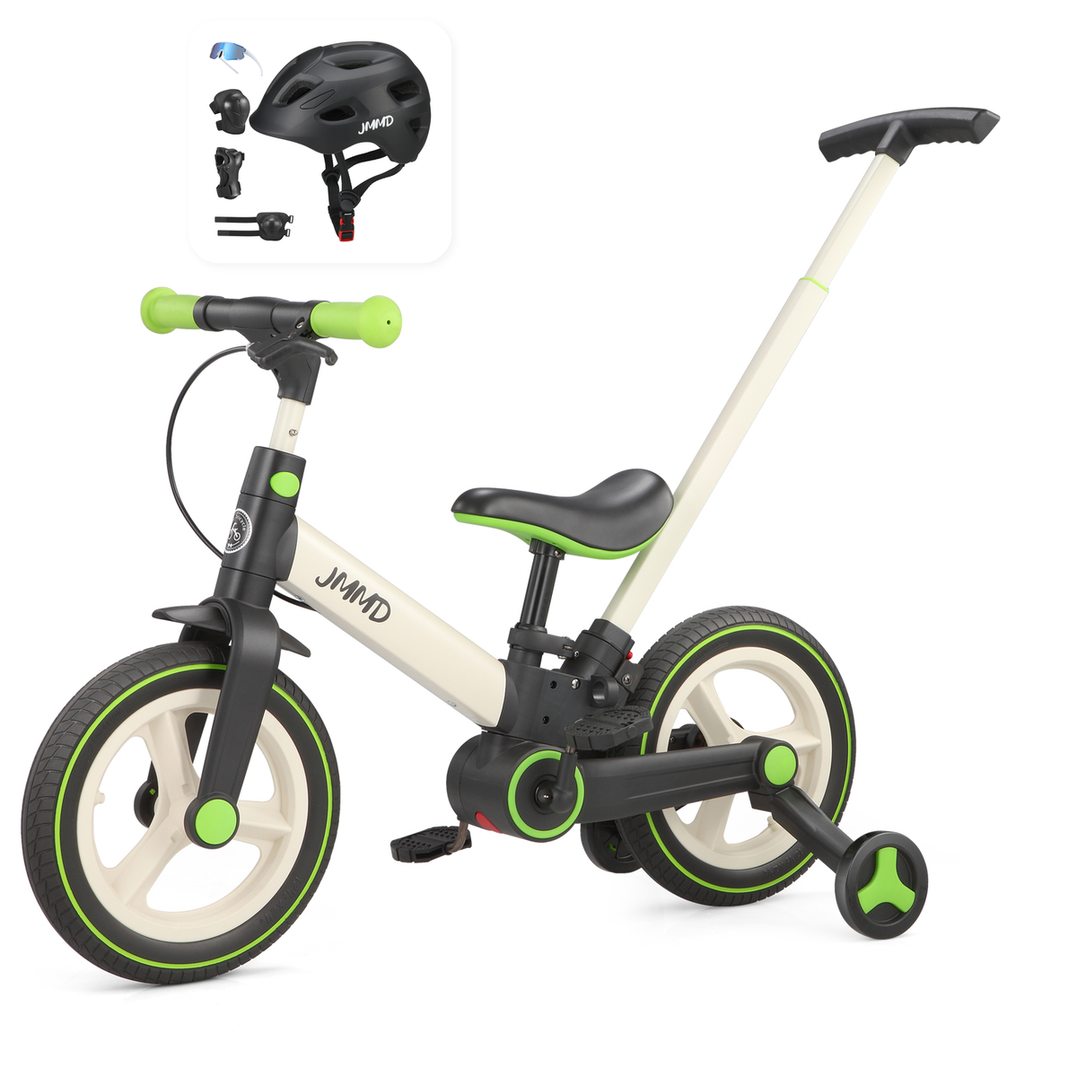JMMD S900 Cream and Lime Green bike with black helmet and protective pads bundle