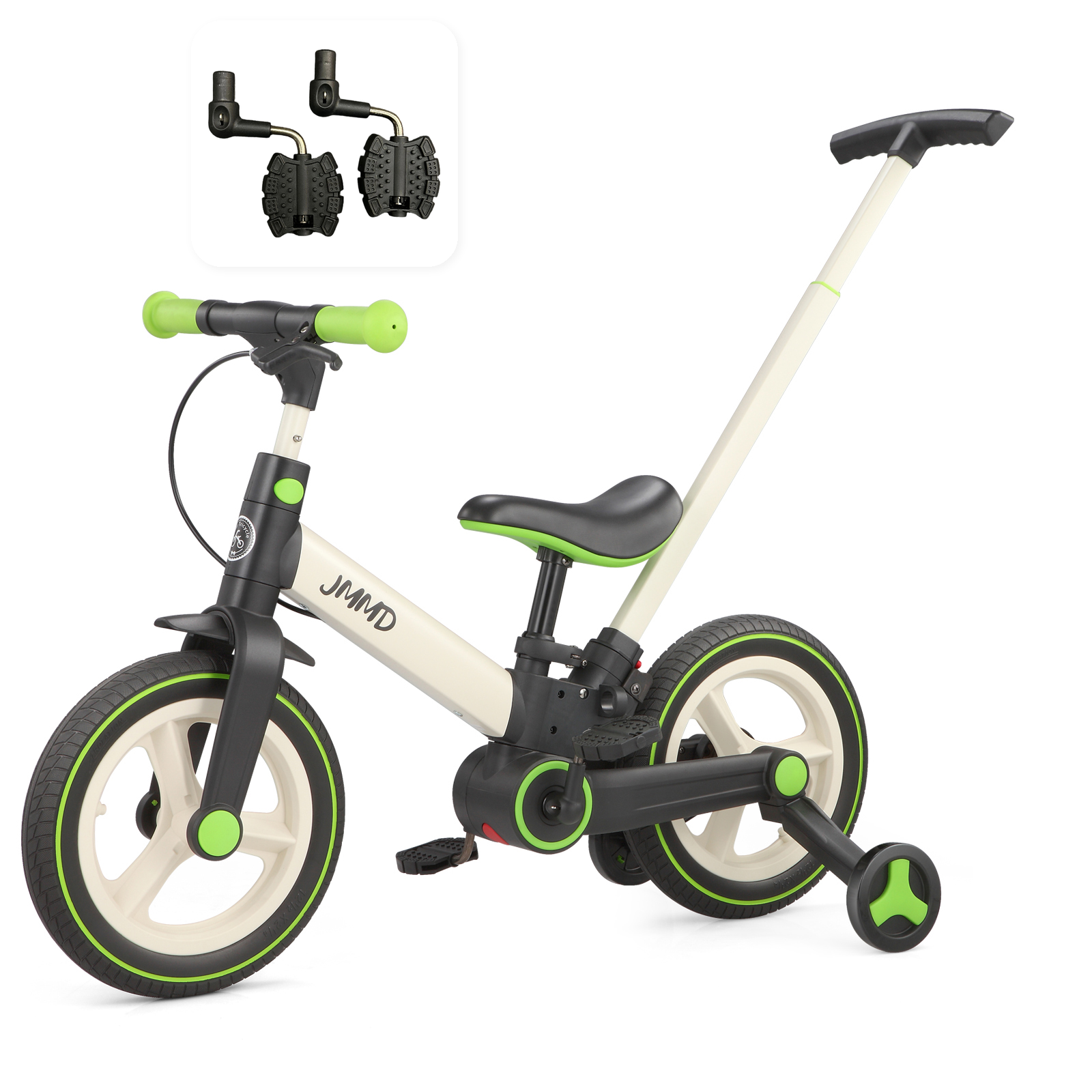 #color_cream-lime-green JMMD S900 6-in-1 toddler bike in cream and lime green shown with a pedal set
