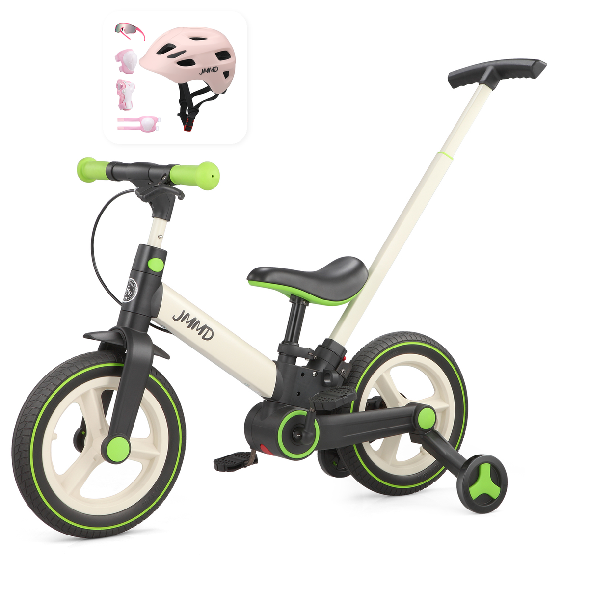JMMD S900 Cream and Lime Green bike with pink helmet and protective pads bundle