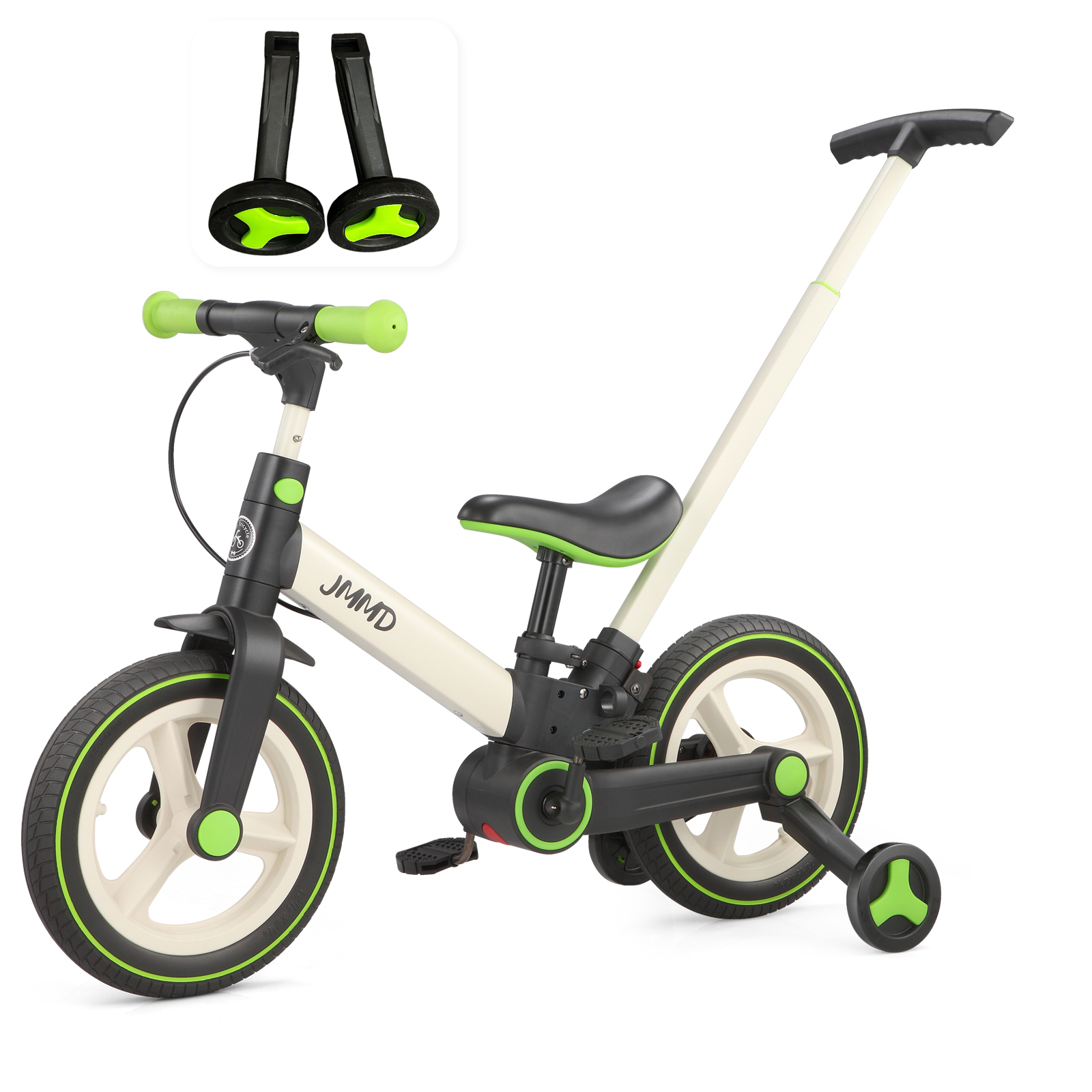 #color_cream-lime-green JMMD S900 6-in-1 toddler bike in cream and lime green with matching training wheels