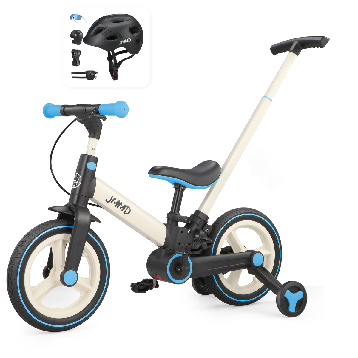 JMMD S900 Cream and Sky Blue bike with black helmet and protective pads bundle