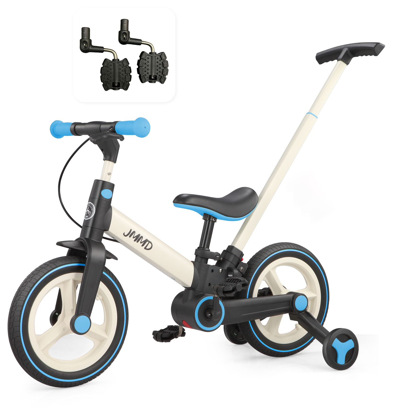 #color_cream-sky-blue JMMD S900 6-in-1 toddler bike in cream and sky blue shown with a pedal set