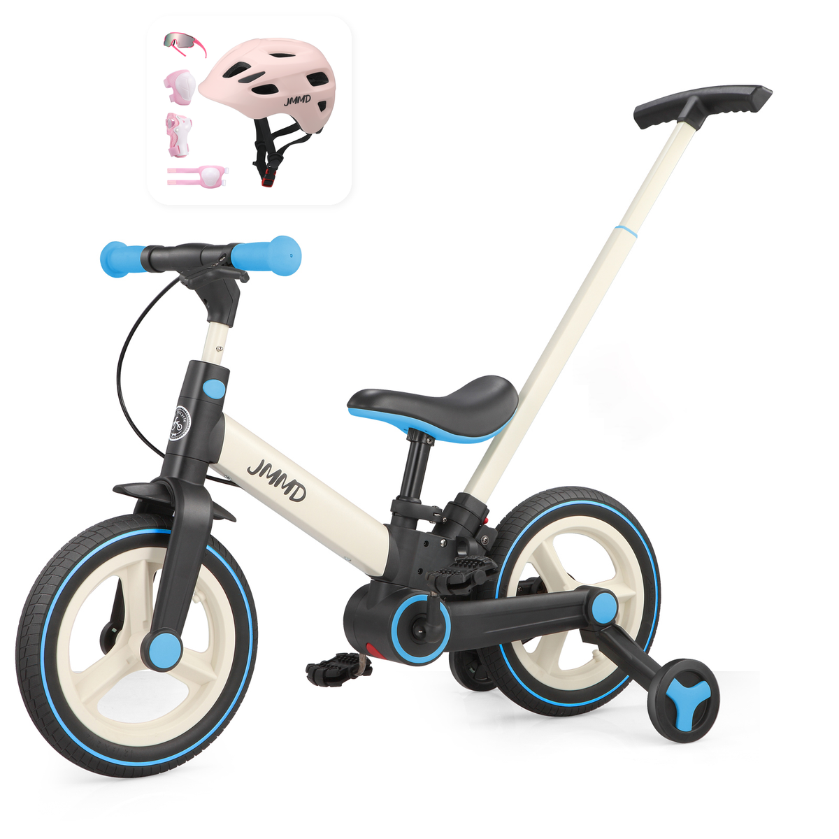 JMMD S900 Cream and Sky Blue bike with pink helmet and protective pads bundle