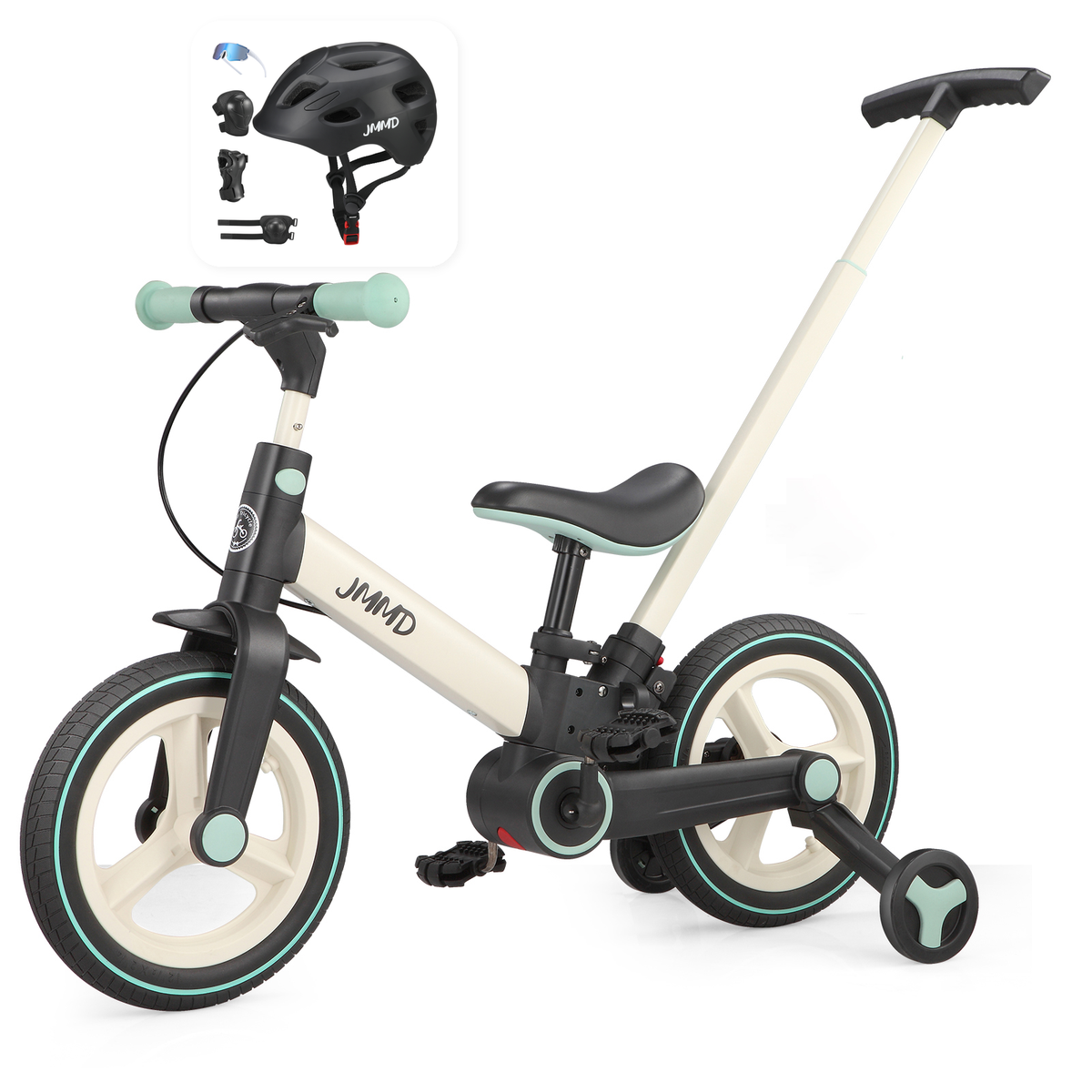 JMMD S900 Cream and Soft Mint bike with black helmet and protective pads bundle