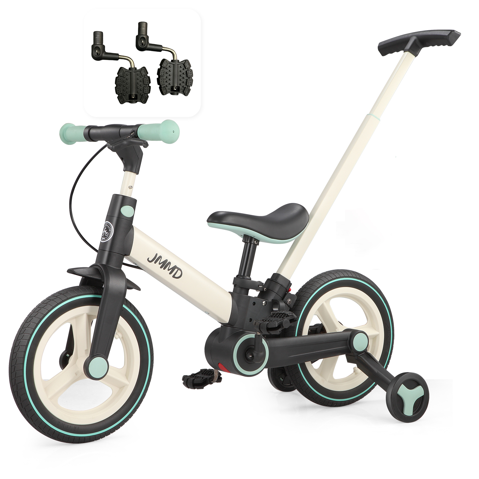 #color_cream-soft-mint JMMD S900 6-in-1 toddler bike in cream and soft mint shown with a pedal set