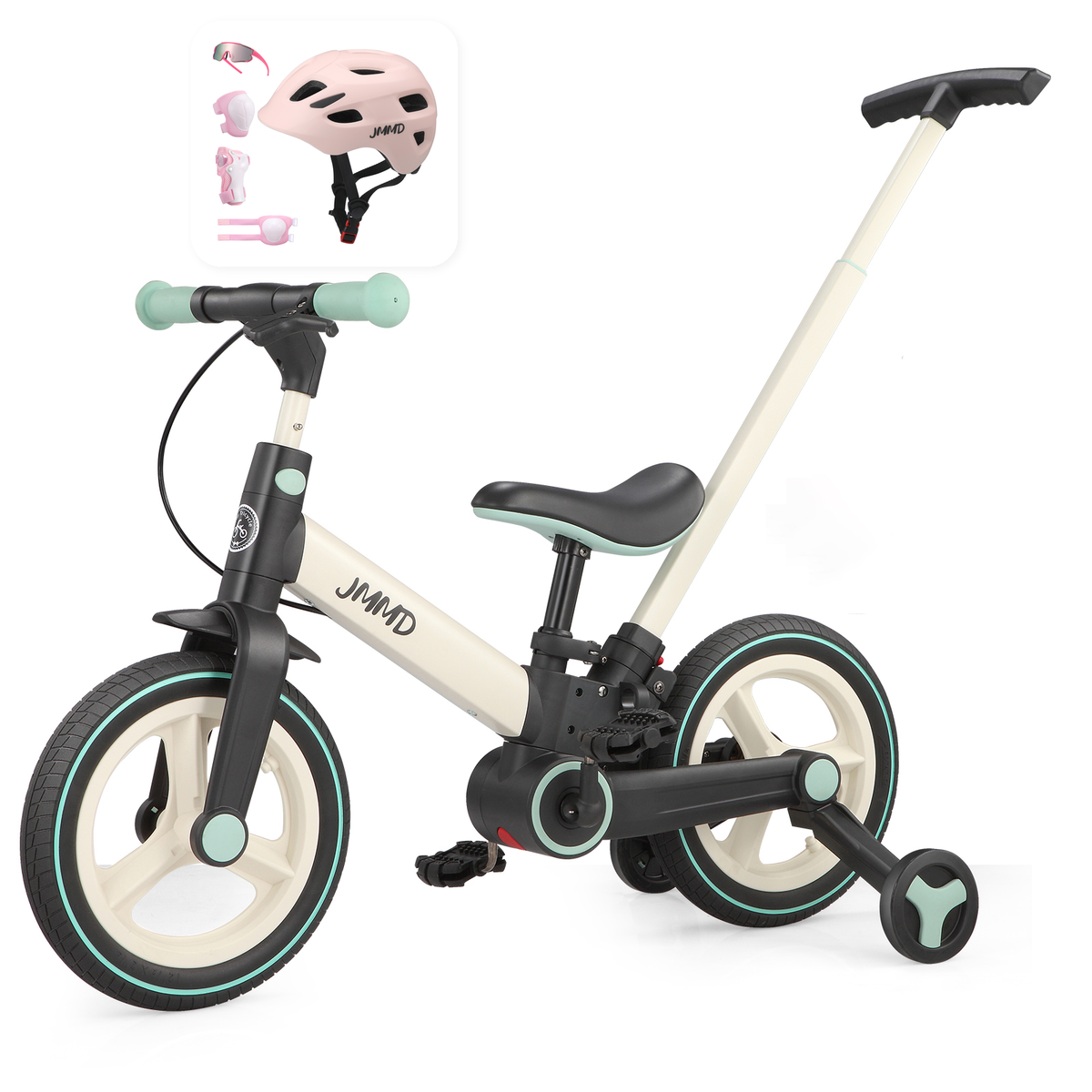 JMMD S900 Cream and Soft Mint bike with pink helmet and protective pads bundle