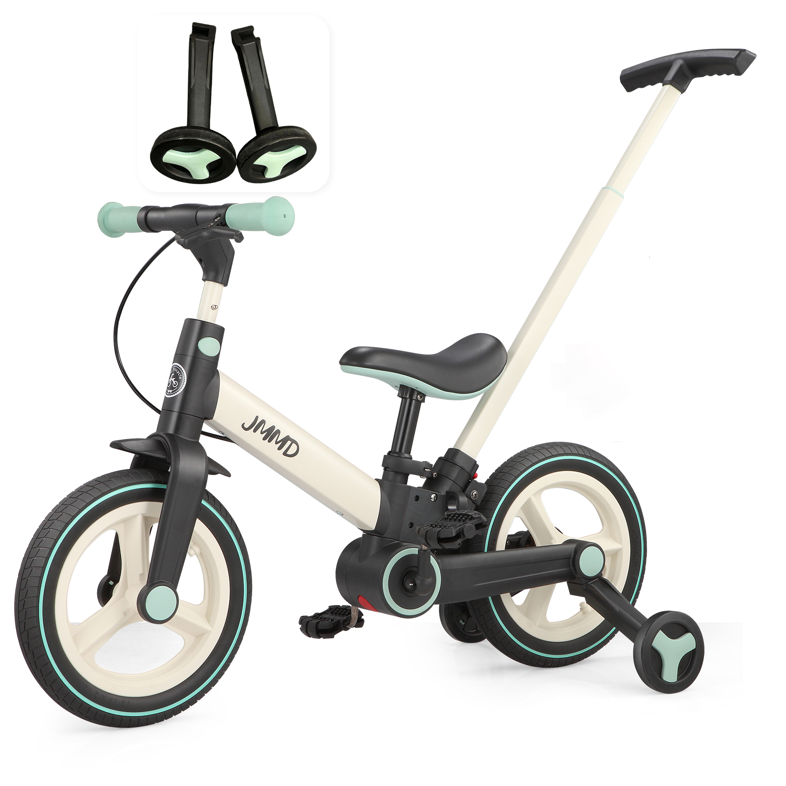 #color_cream-soft-mint JMMD S900 6-in-1 toddler bike in cream and soft mint with matching training wheels