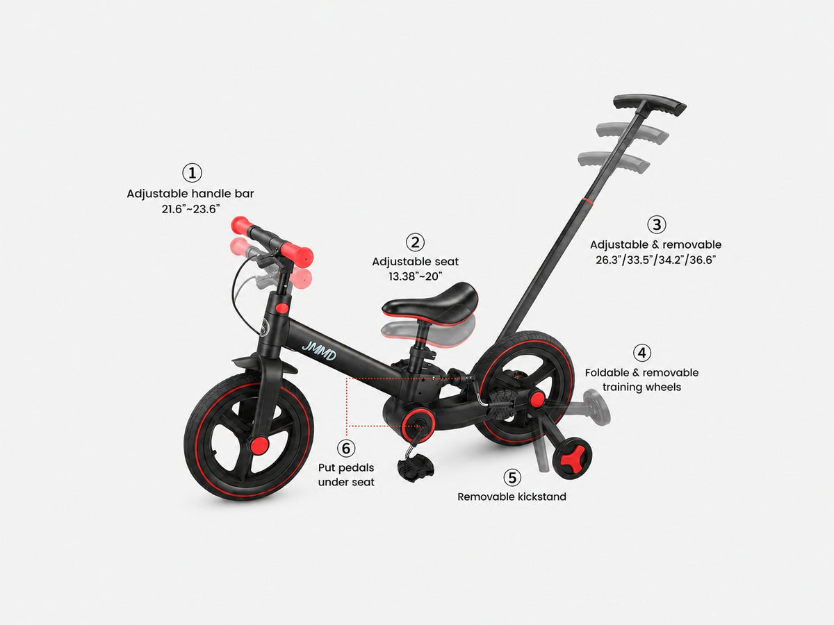 JMMD S900 kids trike showing adjustable handlebar, seat, parent push handle, training wheels, kickstand, and pedal storage