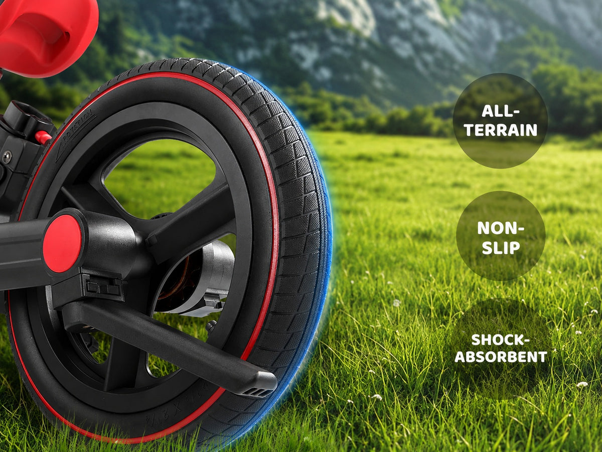 Close-up of the JMMD S900 airless wide rubber tire highlighting all-terrain, non-slip, and shock-absorbing performance