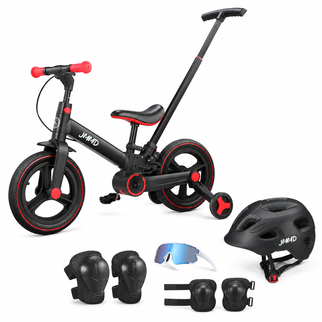 JMMD S900 Bike and Helmet & Pads Bundle in Black & Red with black safety gear
