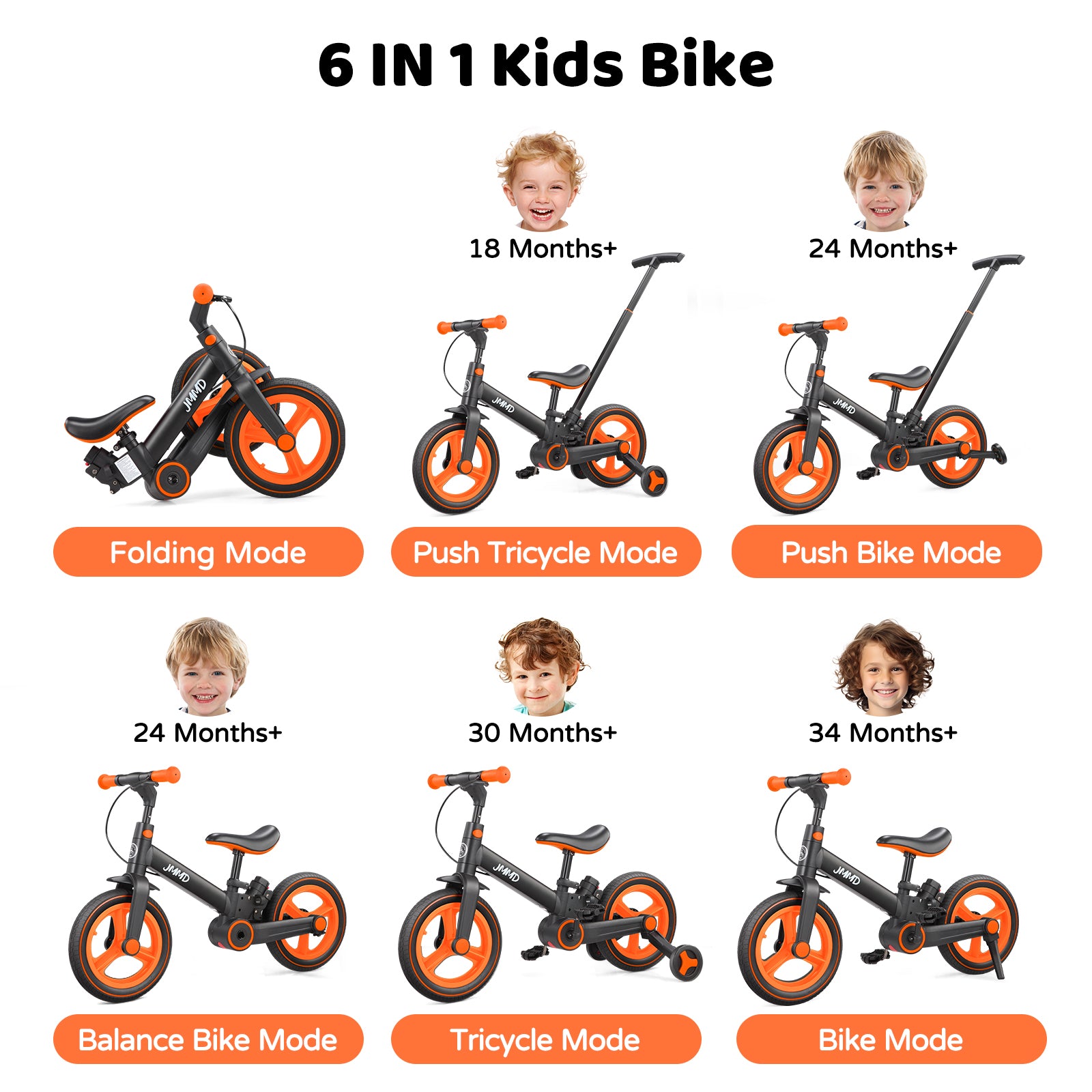 #color_black-bright-orange JMMD S900 6-in-1 toddler bike in Black & Bright Orange showing folding, push tricycle, training balance, balance bike, tricycle, and bike modes