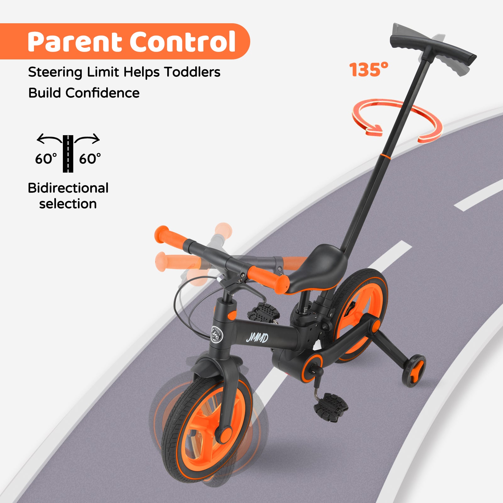 #color_black-bright-orange JMMD S900 toddler bike in Black & Bright Orange showing parent control push handle and steering limit