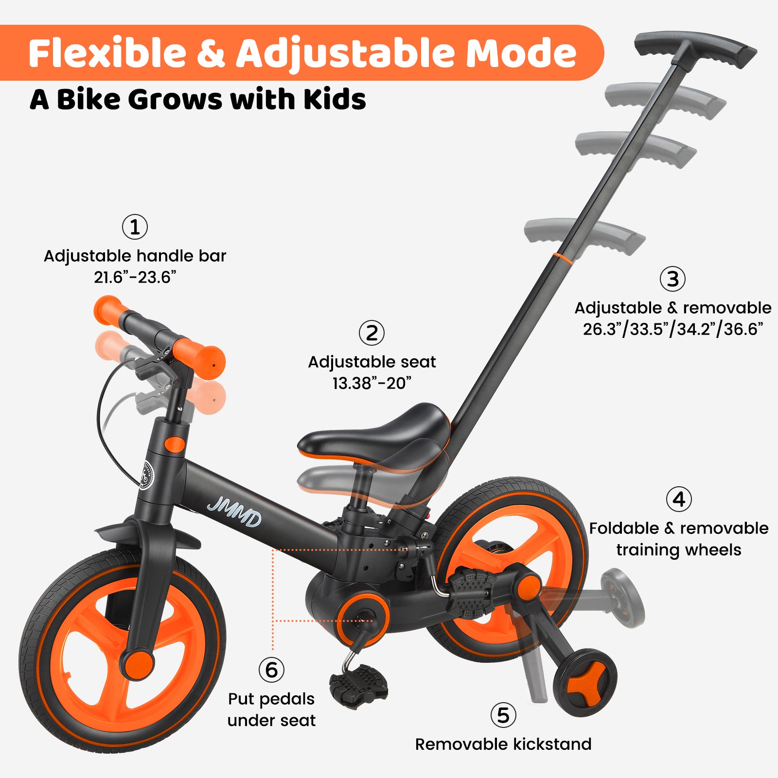 #color_black-bright-orange JMMD S900 grow-with-me toddler bike in Black & Bright Orange showing adjustable handlebar, adjustable seat, removable parent push handle, training wheels, kickstand, and pedal storage