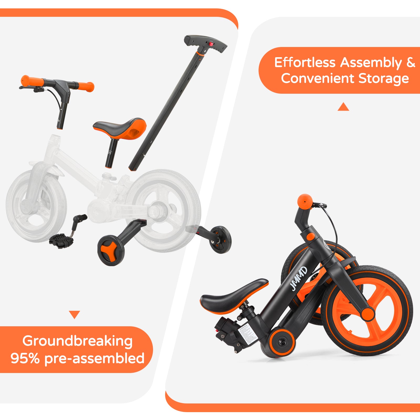 #color_black-bright-orange JMMD S900 toddler bike in Black & Bright Orange showing pre-assembled design, removable parts, and convenient storage