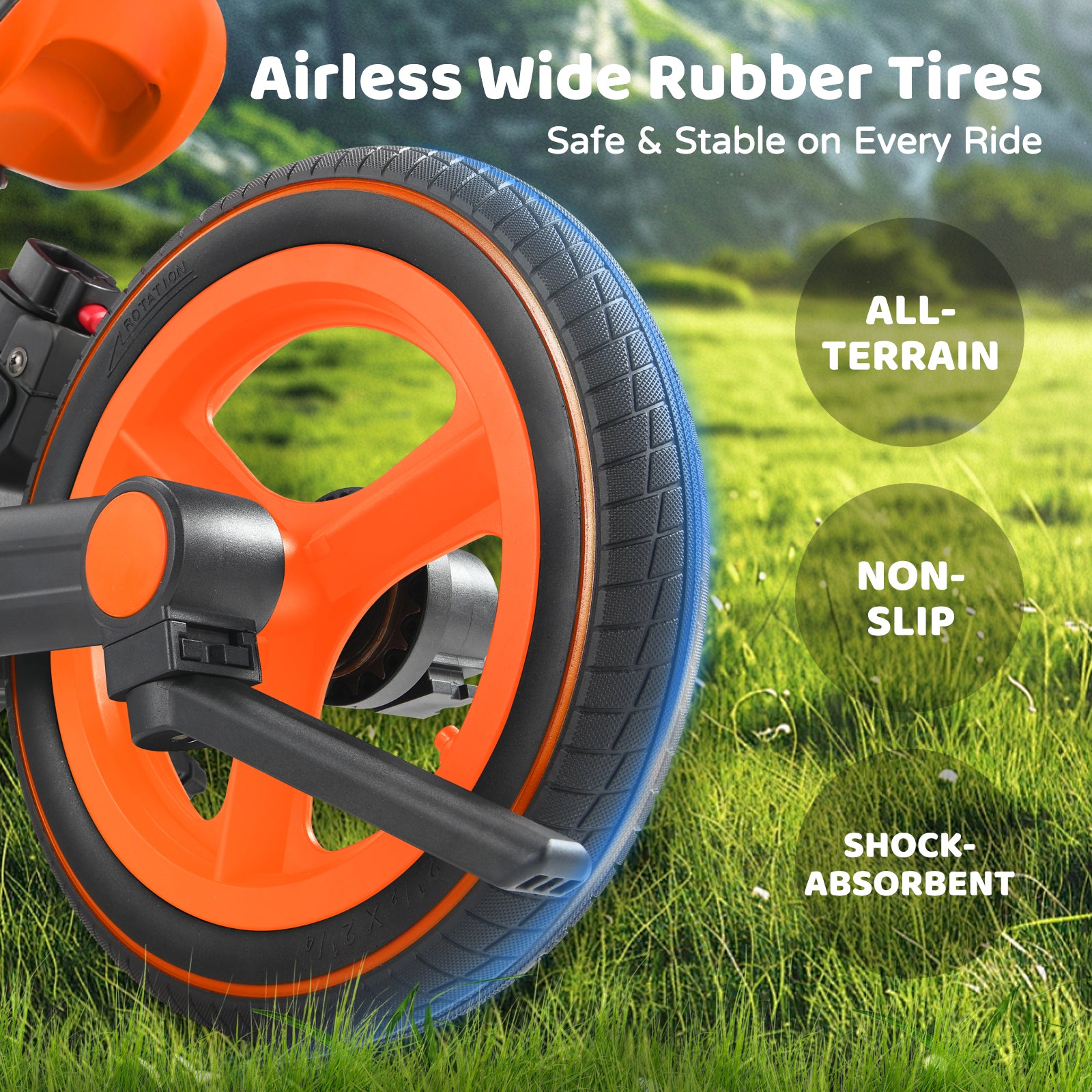 #color_black-bright-orange Close-up of JMMD S900 toddler bike in Black & Bright Orange with airless wide rubber tires for all-terrain riding