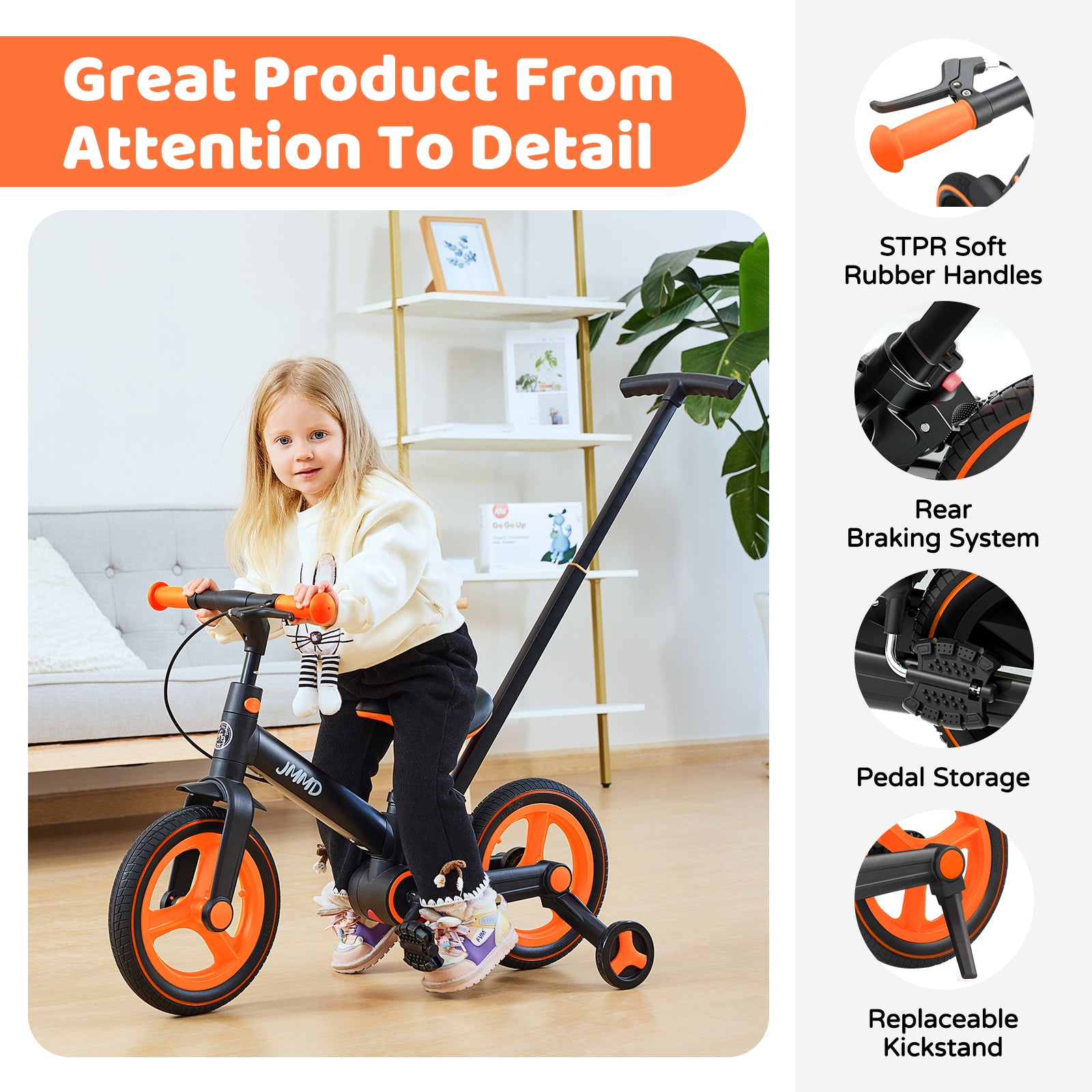 #color_black-bright-orange JMMD S900 toddler bike in Black & Bright Orange showing soft rubber handles, rear braking system, pedal storage, and replaceable kickstand